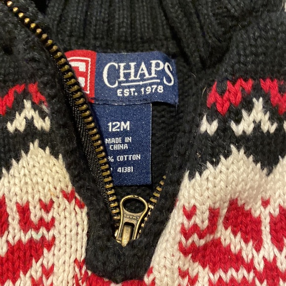3/25$ Chaps Baby Boy size 12mos Knit sweater Black Red White with half Zipper - Picture 2 of 3